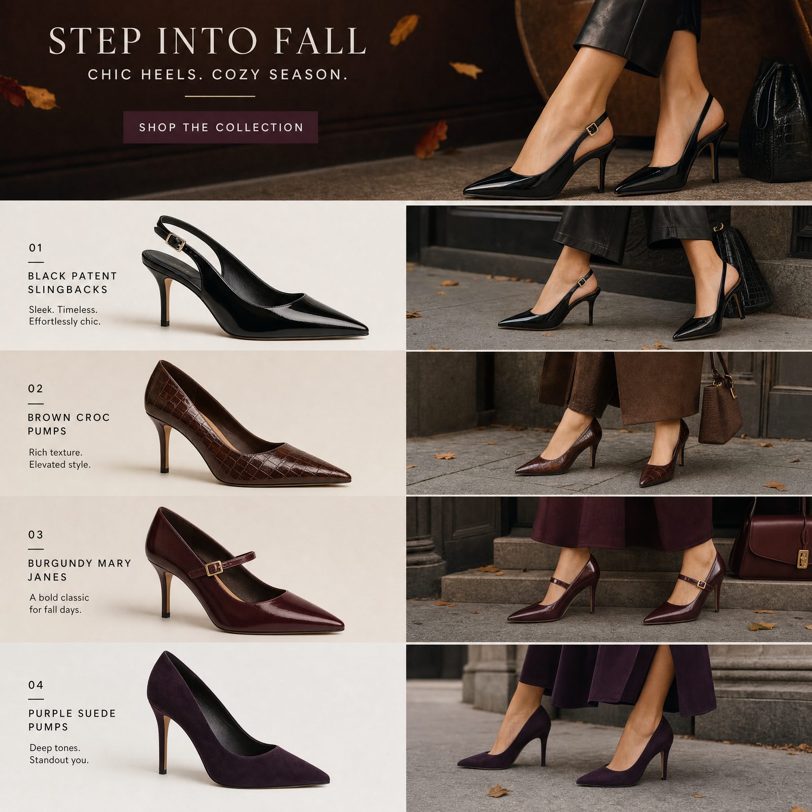 Step into fall — chic heels, cozy season: black patent slingbacks, brown croc pumps, burgundy Mary Janes, purple suede pumps
